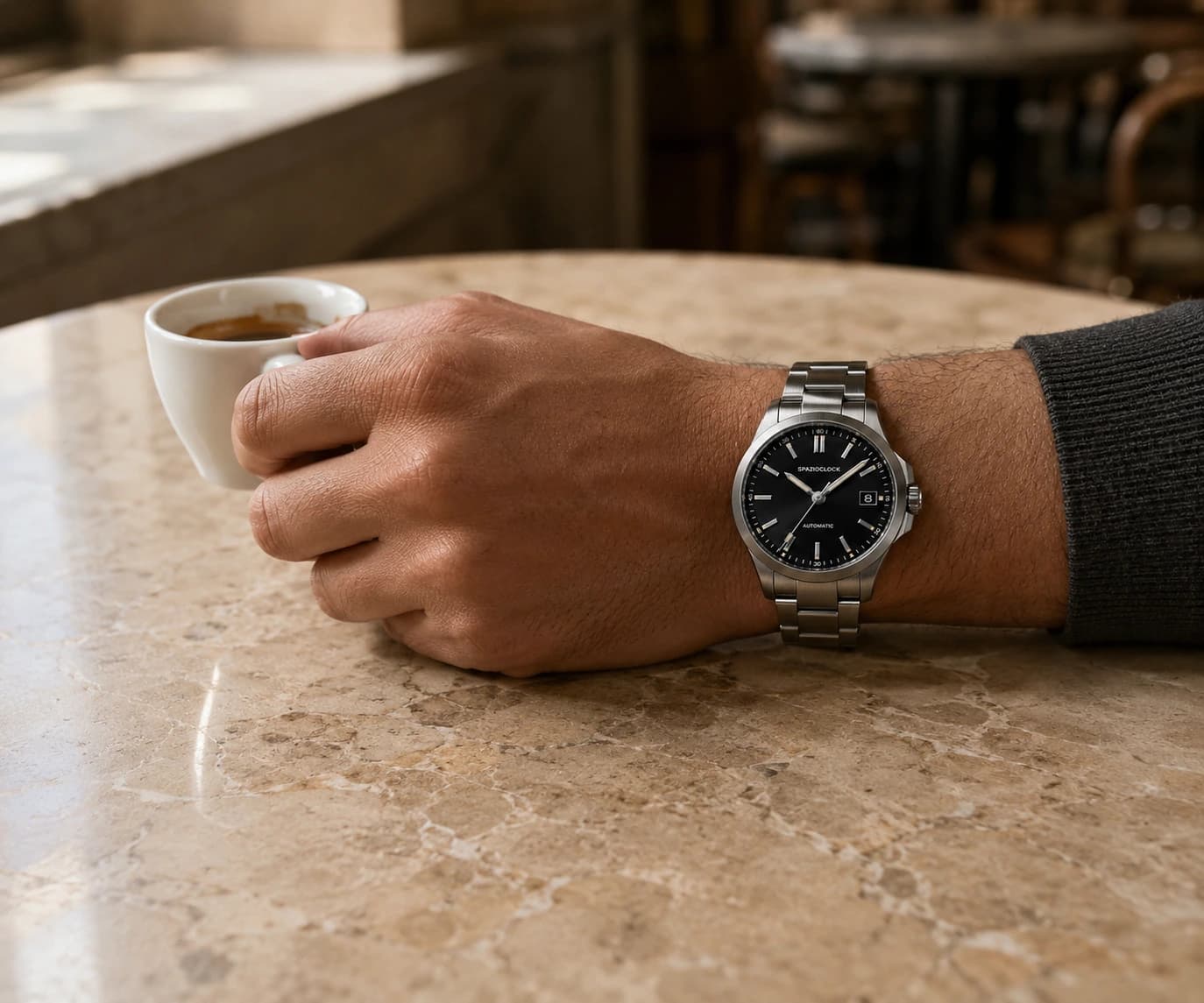 Campaña Spazioclock con el reloj Atlante Grafite sobre una mesa de café